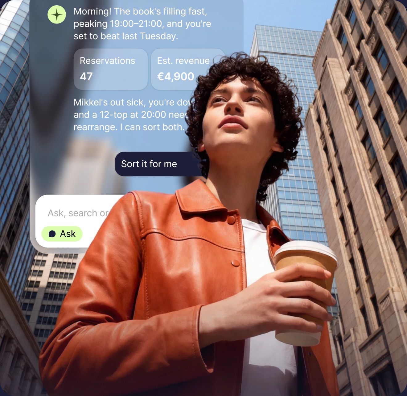 Omni AI assistant chat overlay on a photo of a person holding a coffee outdoors