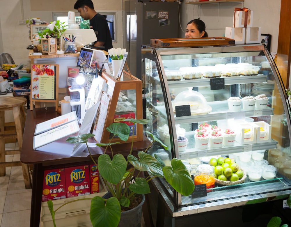 A café display case of cakes and pastries