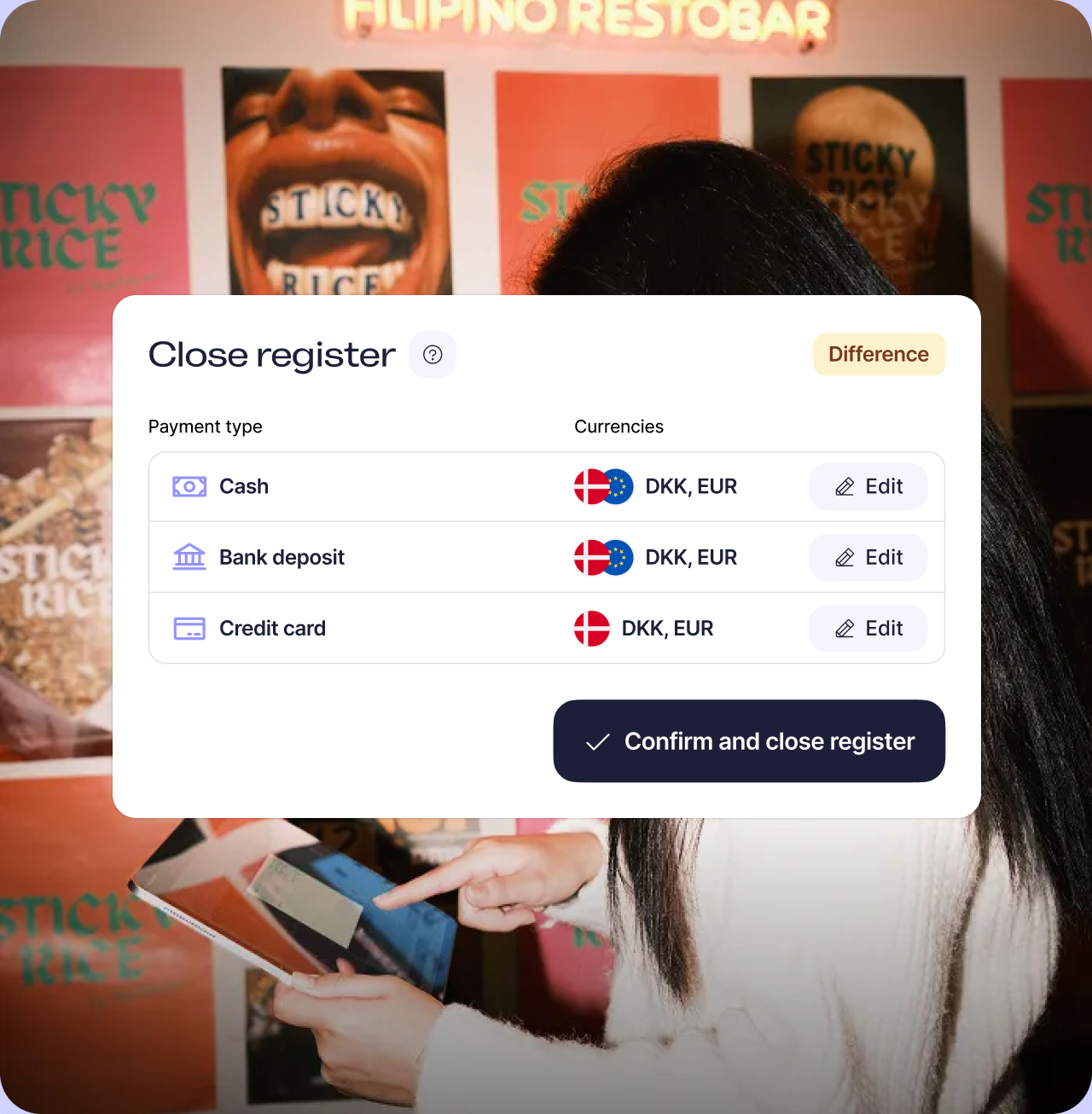 An owner closing the register on a tablet at the end of service